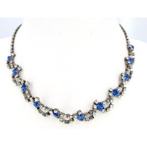 Vintage Necklace Blue Clear Rhinestone Silver Tone Crystal Floral Choker 16 inch